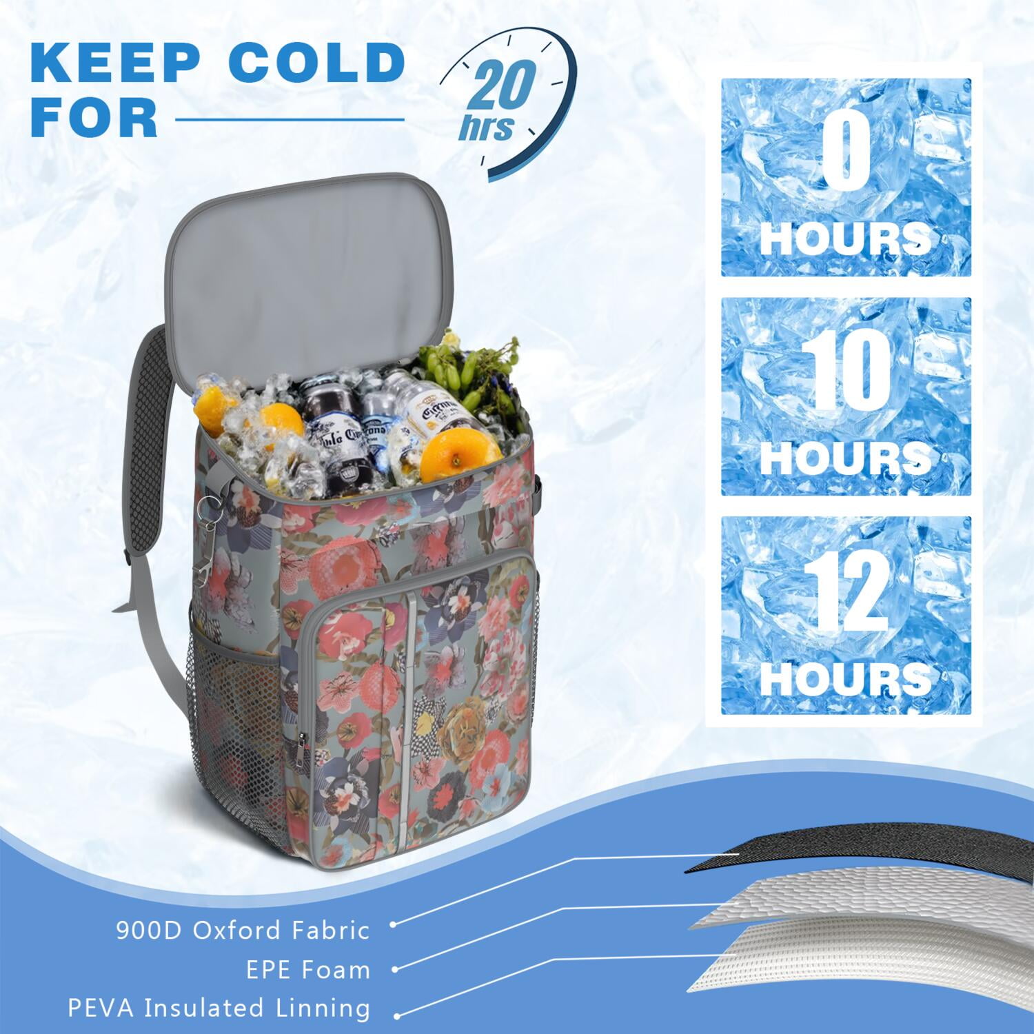 Travel Cooler Bag - Pioneer Flower Floral Print Pattern Camping Beer Cooler Backpack with Bottle Opener- Waterproof Insulated Picnic Backpacks - Cooler Bag for Beach