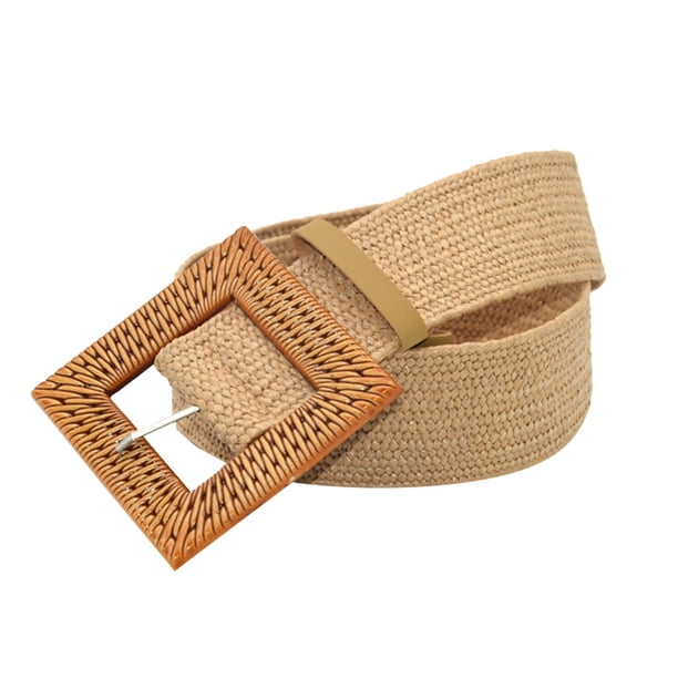 Women Belts For Dresses Elastic Straw Rattan Waist Band With Wood ...