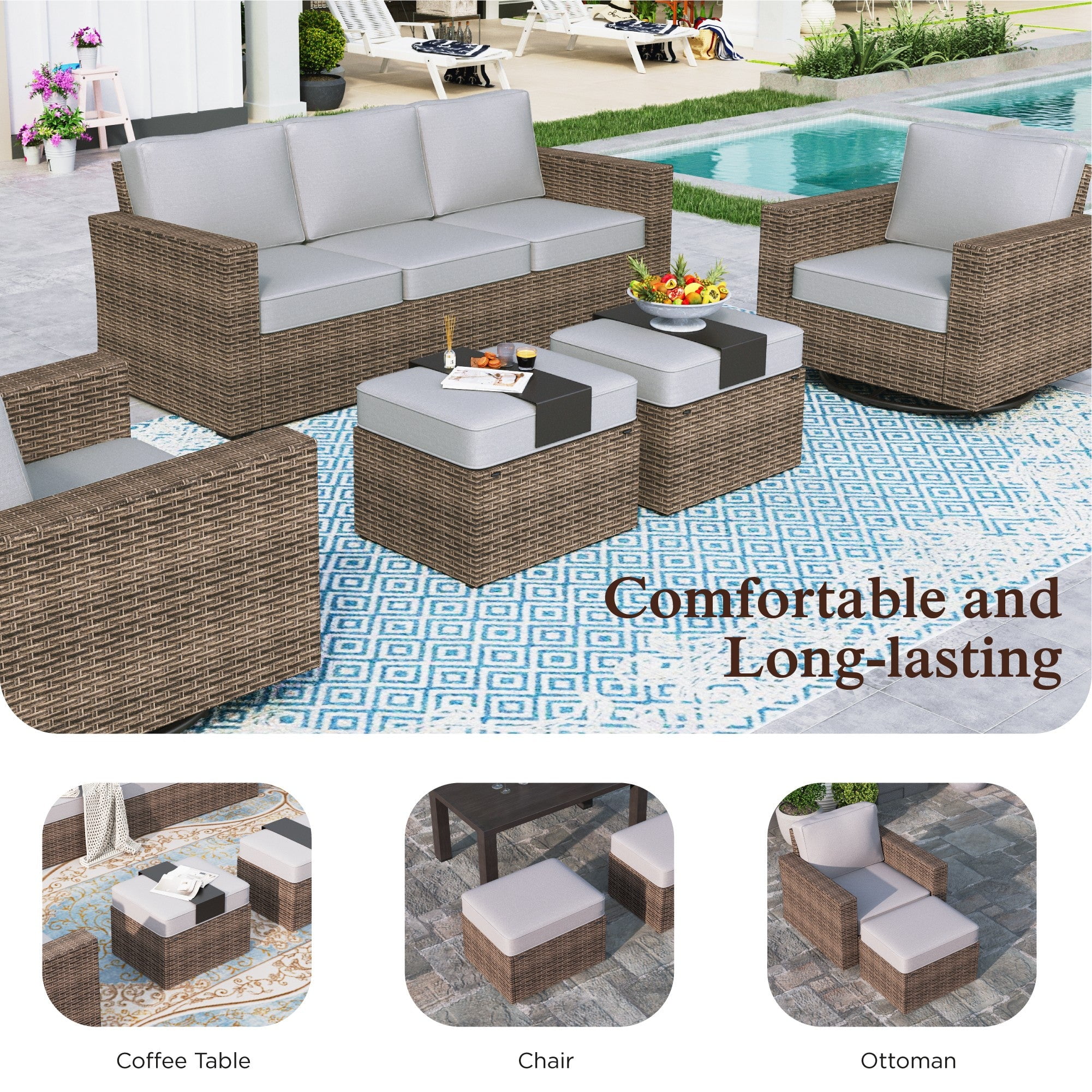 Sophia & William 5 Pieces Patio Furniture Set with Swivel Chairs 5.5" Thick Cushions 7-Seat Wicker Outdoor Conversation Set