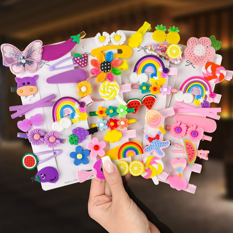 AMERTEER 42Pcs Baby Girl s Hair Clips Cute Hair Accessories Colorful Flower Fruit Rainbow Dessert Patterns Barrettes for Teens Toddlers