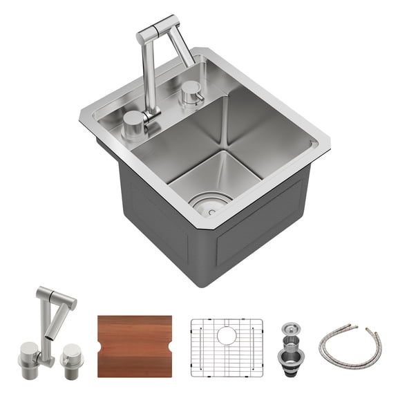13" Undermount Workstation Bar Sink with Folding Faucet - 13 x 15 x 9 inch Single Bowl 16 Gauge SUS304 Stainless Steel Kitchen Sinks