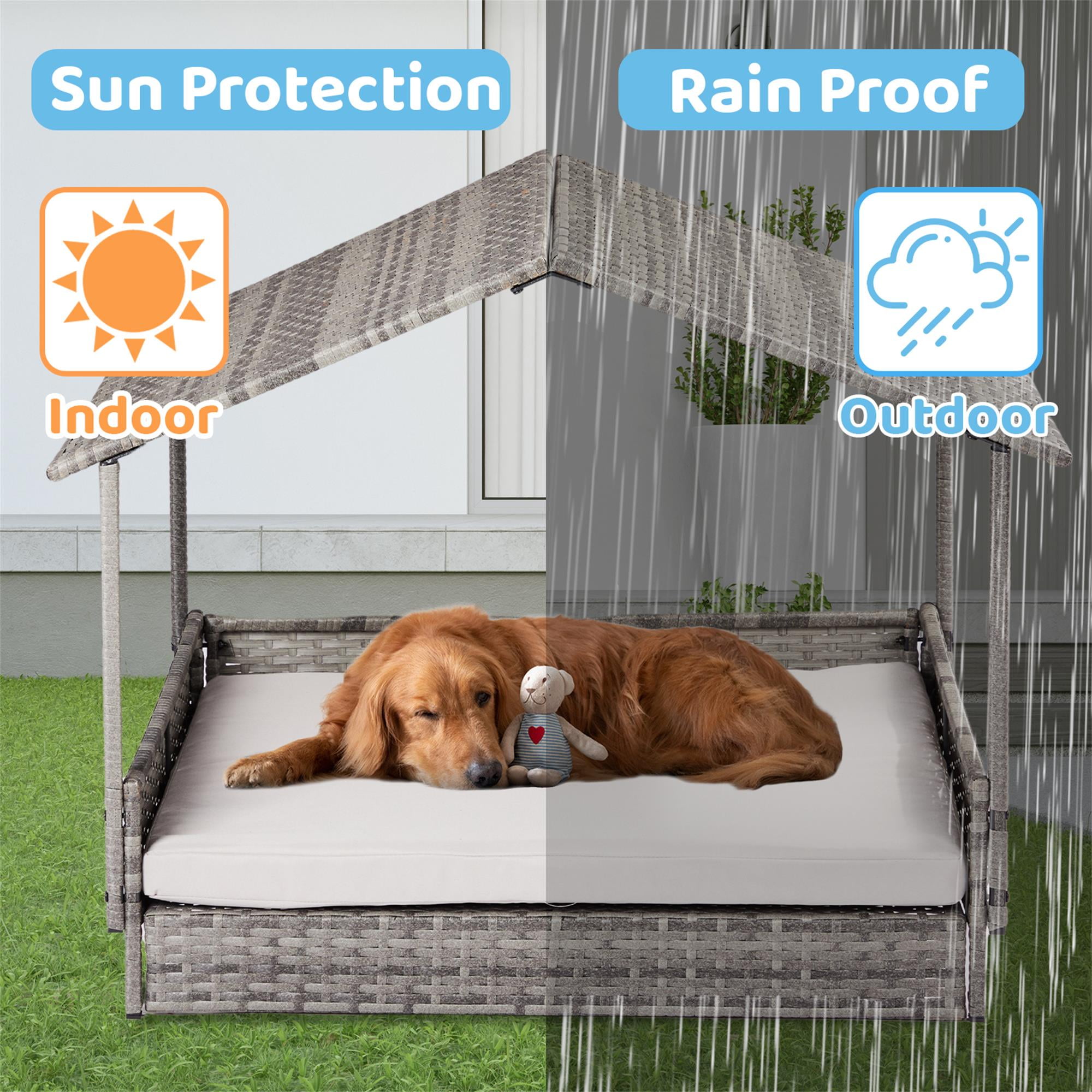 Kadyn 38" Elevated Rattan Dog Bed Pet Sofa with Canopy and Washable Cushion Cover, Wicker Dog House for Small, Medium Dogs, Gray