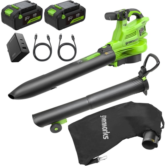 Greenworks 48V (24V x 2) Souffleur Sans Balais 3-en-1, Broyeur sous Vide (240 Mi/h / 520 Pi3/min), Puissant pour le Nettoyage de la Cour, de la Pelouse, du Patio et de l'Entrée, Comprend (2) Batteries 6,0 Ah et Chargeur Rapide 100 W