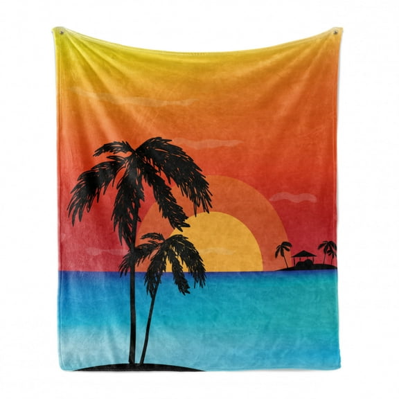Oasis Soft Flannel Fleece Throw Blanket, View of Palm Trees on an Island at Sunset, Cozy Plush for Indoor and Outdoor Use, 50" x 70", Sky Blue Orange, by Ambesonne