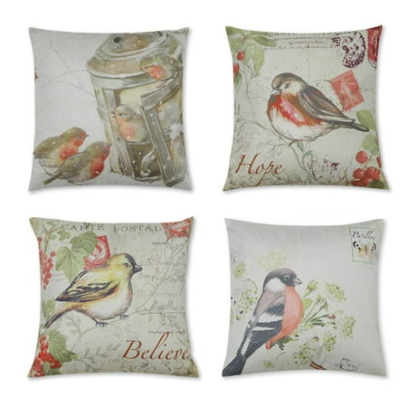 Floral Sofa Set Wendana Decorative Vintage Floral Bird Throw Pillow Covers for Couch, Sofa, or Bed Set of 4 18 x 18 inch Modern Quality Design Cotton Linen Cusion Cover (Retro Bird) ()