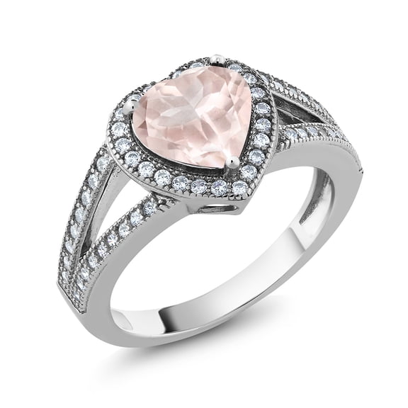 Gem Stone King 925 Sterling Silver Ring Heart Shape Rose Quartz and Moissanite (2.05 Cttw) (Size 5)