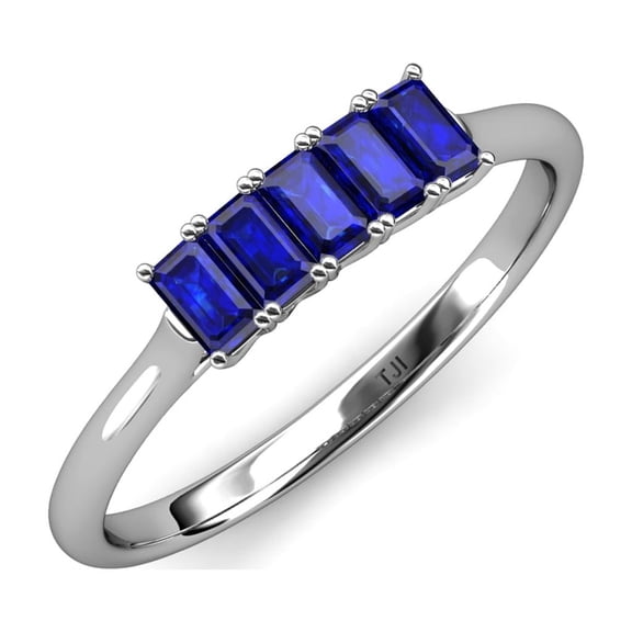 TriJewels 5x3 mm Emerald Cut Blue Sapphire 5 Stone Wedding Band in 10K White Gold