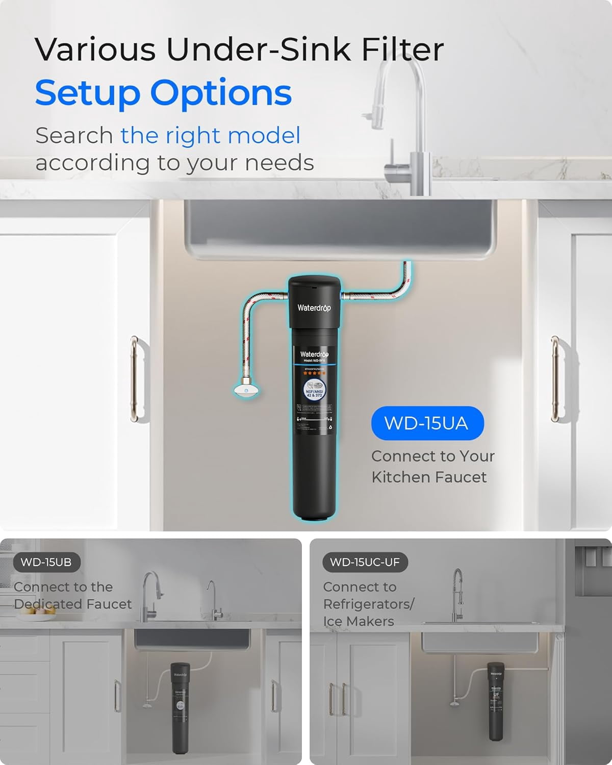 Waterdrop 15UA Under Sink Water Filter System, Under Counter Water Filter Direct Connect to Kitchen Faucet, NSF/ANSI 42 Certified, with one filter