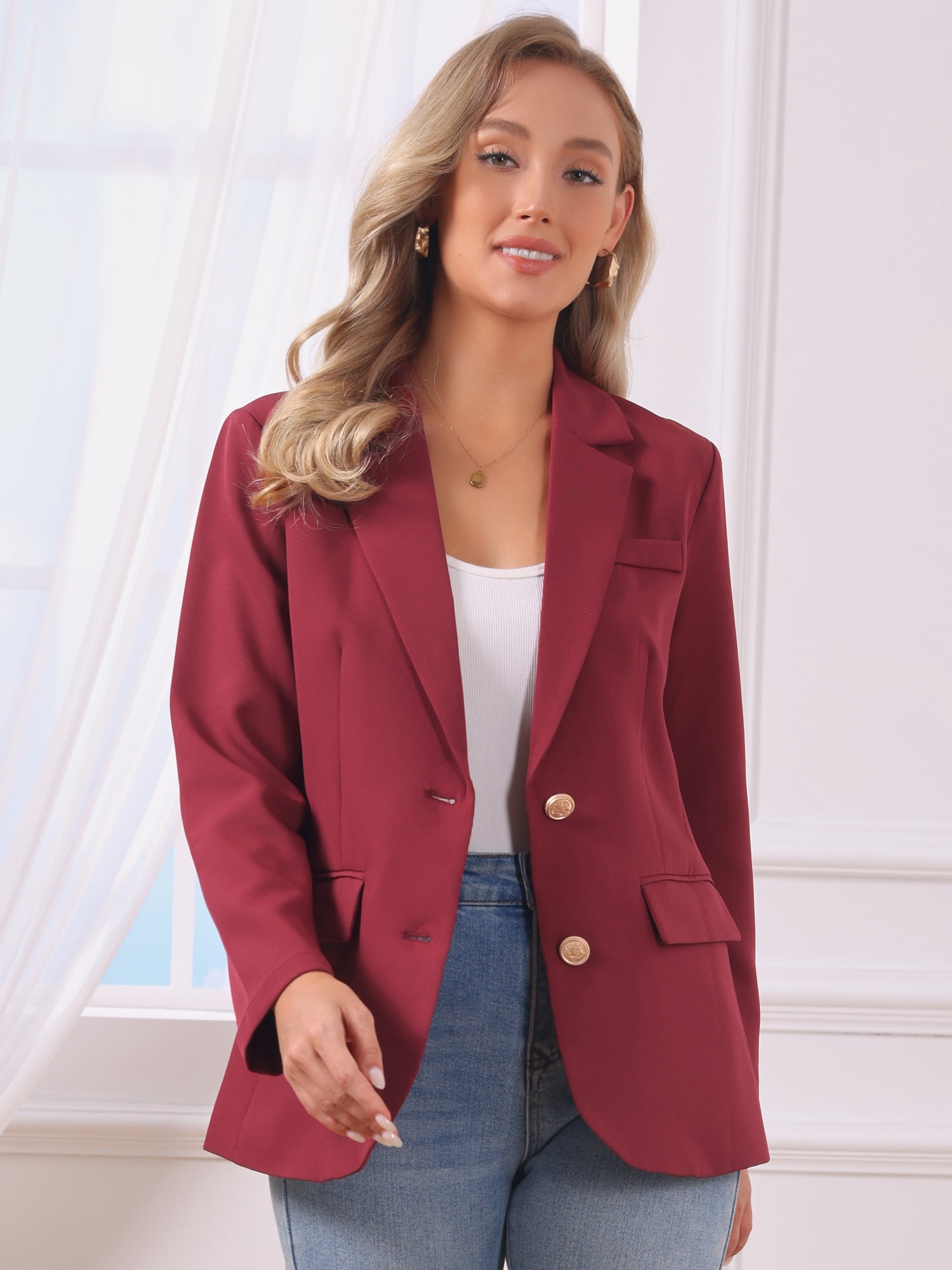 DARING DIVA Women's Business Casual Single Breasted Jacket Office Suit XL Wine Red