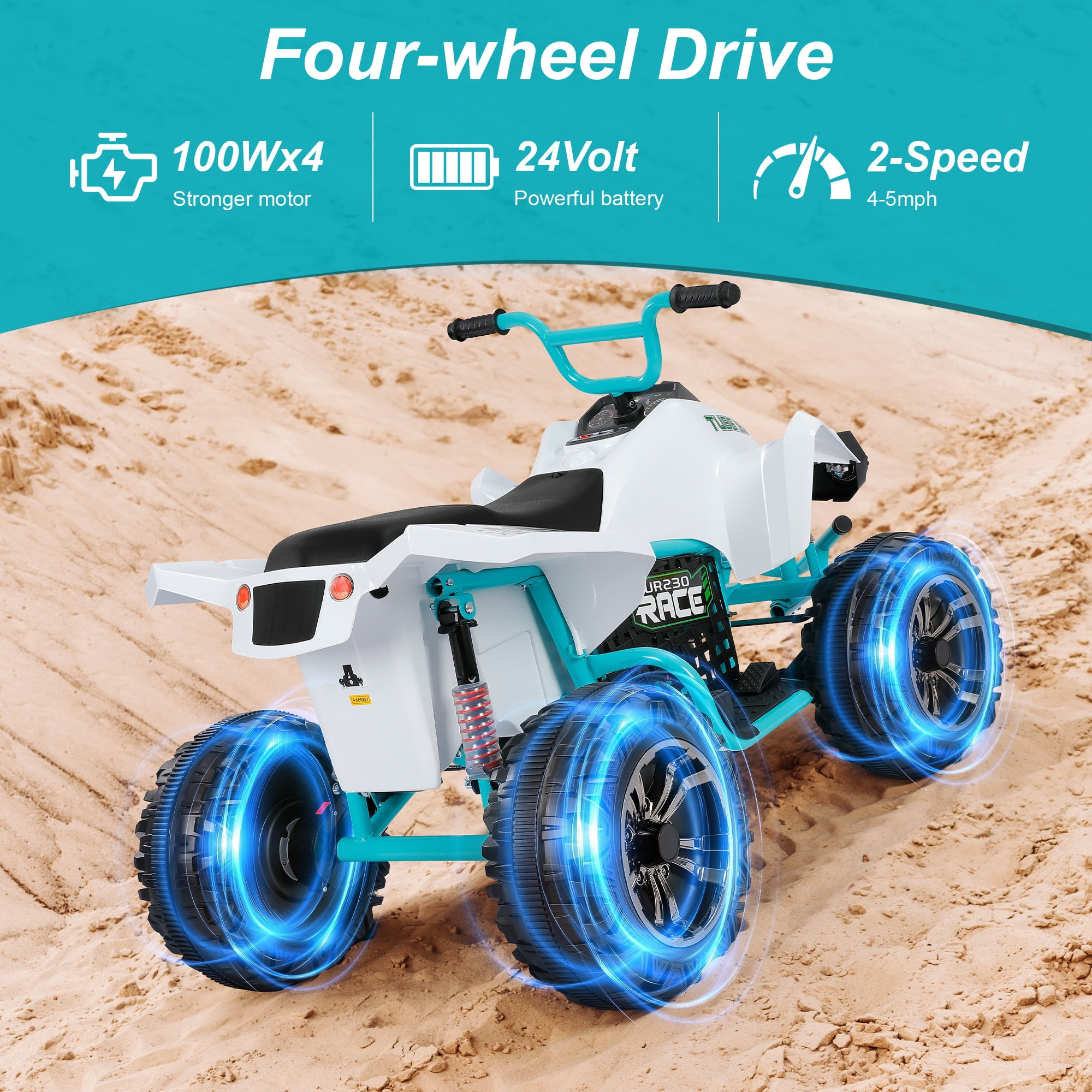 Neche 24V 2 Seater Ride on Toy, 4*200W Motors,9AH Battery Powered ,4-Wheeler Kids ATV with Bluetooth & LED lights, for Ages 3-8,White