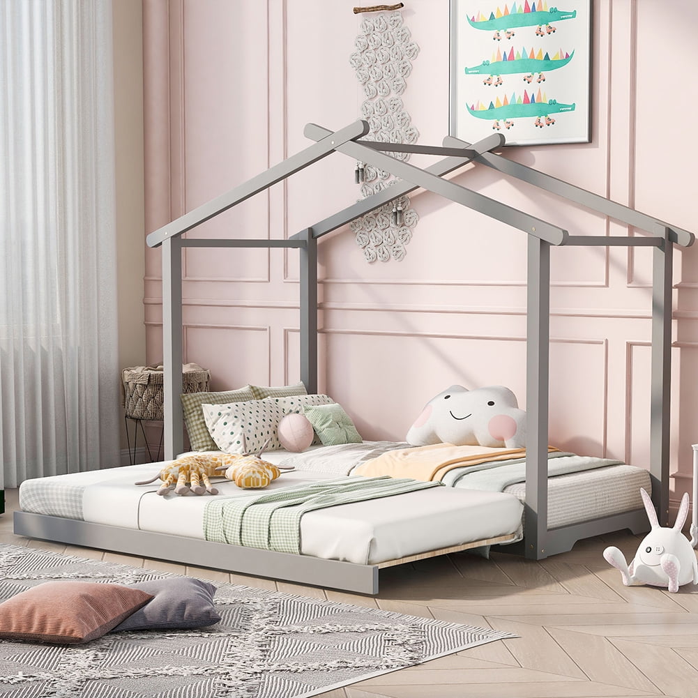 Kadyn House Platform Bed with Trundle, Two Beds, Gray Kadyn House Platform Bed with Trundle, Two Beds, Gray