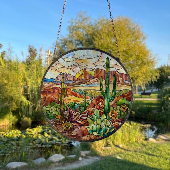 Desert and Cactus Painted Stained Glass Suncatcher, Window Hanging Decor, Outdoor Sun Catcher Decor, Southwestern Wall Décor