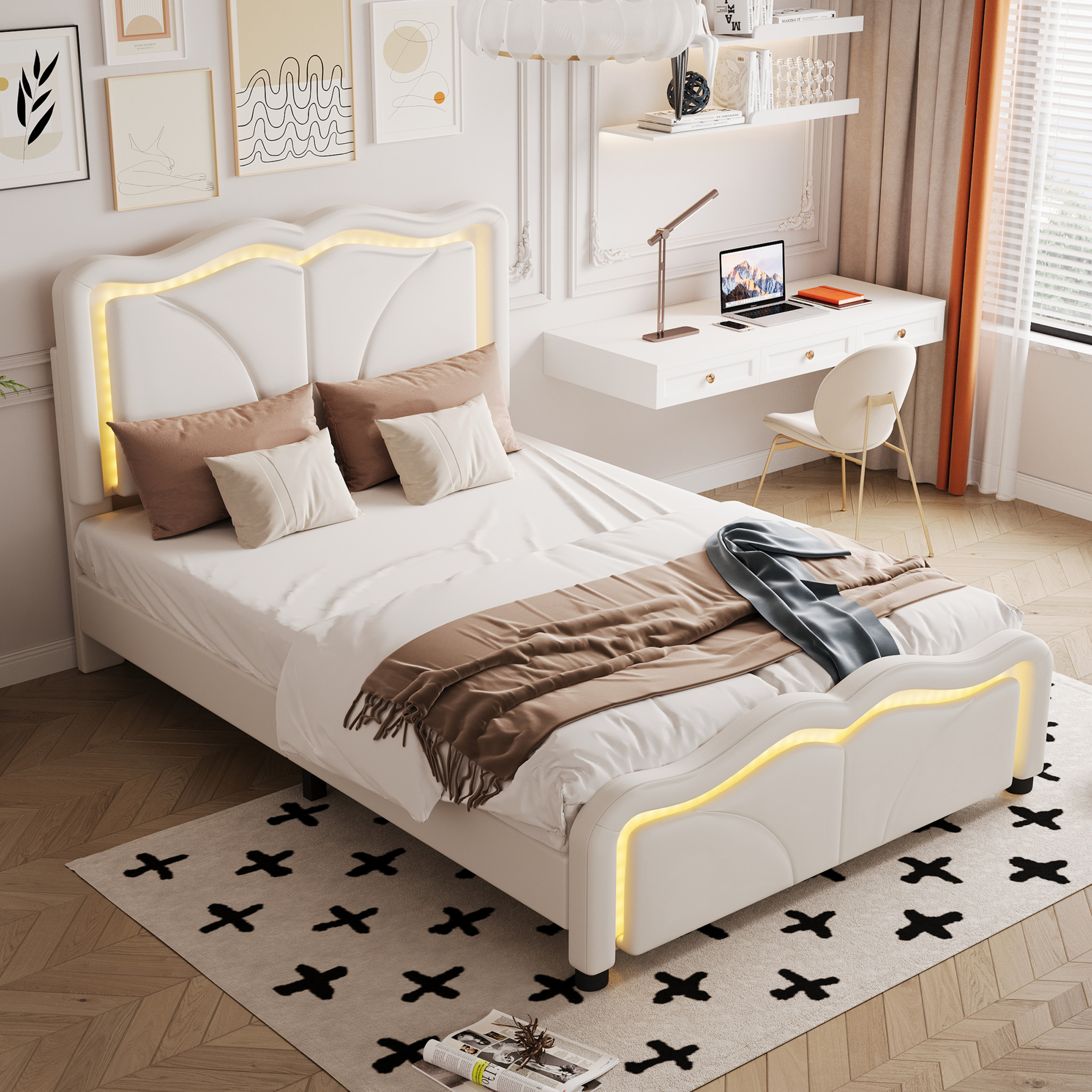 Noble House Sheila Twin Upholstered Platform Bed, Curve Shaped Height-Adjustable LED Headboard, PU Leather, White