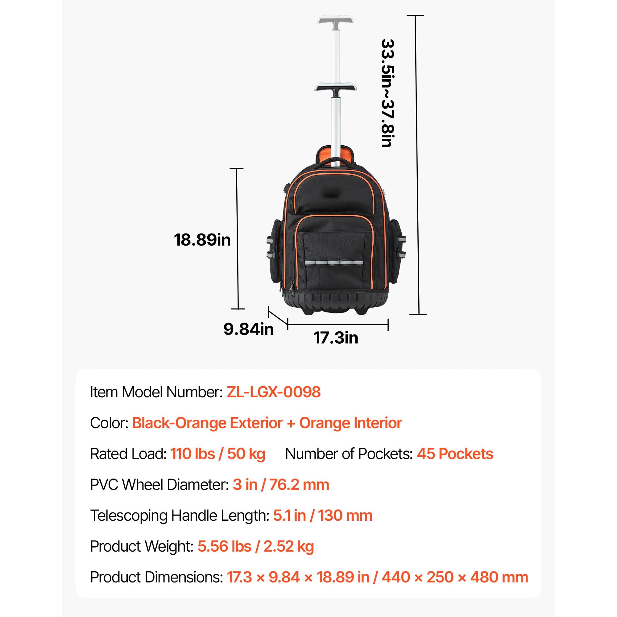 Rolling Tool Backpack with 45 Pockets, 110 lbs Capacity, 1680D Oxford Fabric, 2-Level Handle, for Electrician Plumber Mechanic