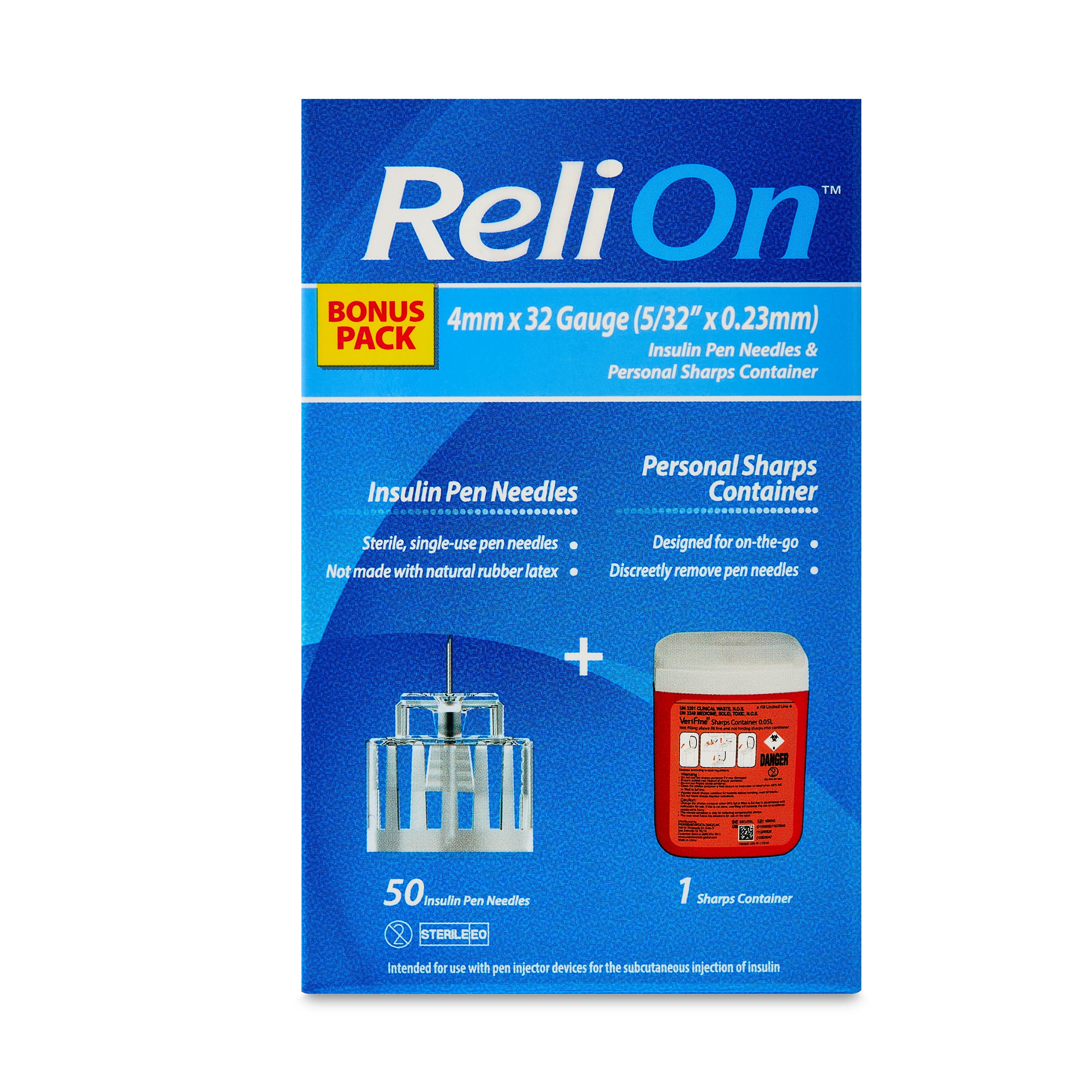 ReliOn Insulin Pen Needles Bonus Pack, 4 mm x 32 Gauge, 50 Count + Sharps Container