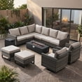 thumbnail image 2 of POCASSY Outdoor Patio Furniture Set with Fire Pit Table, All-Weather Wicker Sectional Sofa Set with Swivel Rockers, L-Shaped Conversation Set with Propane Fire Pit and Tank Side Table for Deck, 2 of 20