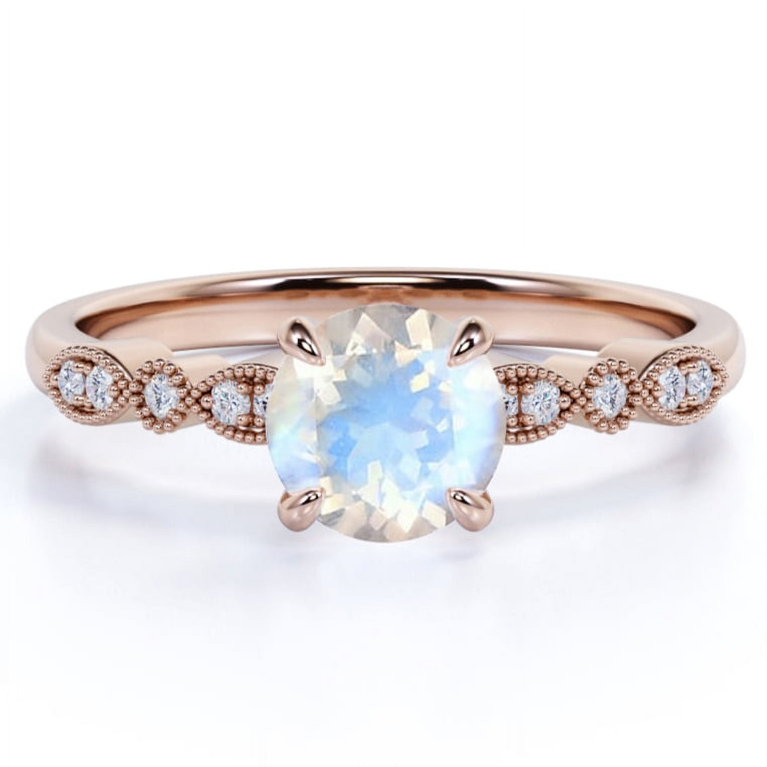 JeenMata 1 Carat Round Cut Blue Moonstone and Moissanite Art Deco Engagement Ring in 18k Rose Gold over Silver