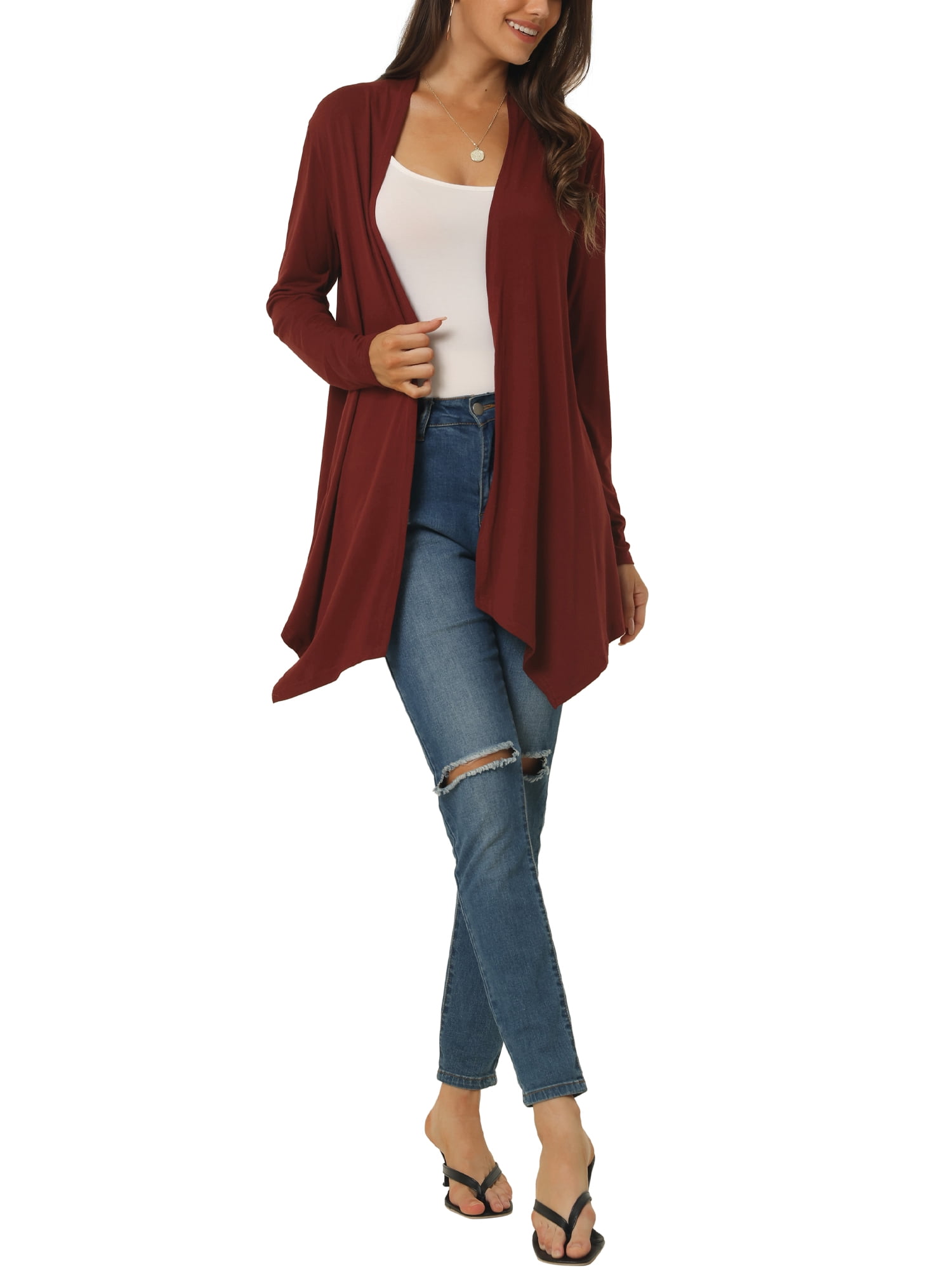 Unique Bargains Women's Spring Fall Draped Open Front Lightweight Cardigan Shrugs Boleros XL Wine Red