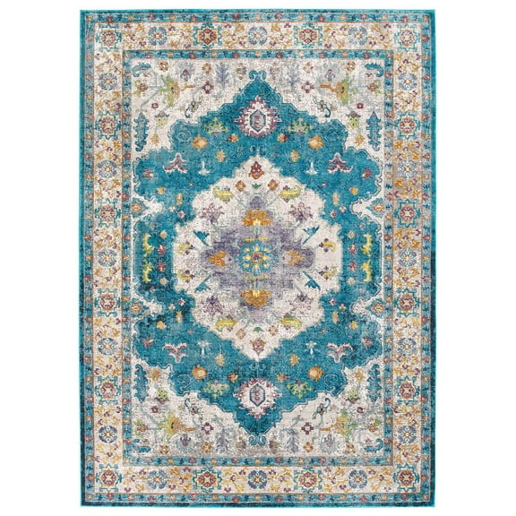 Modway Success Anisah Distressed Floral Vintage Medallion 8x10 Area Rug in Blue, Ivory, Yellow, Orange