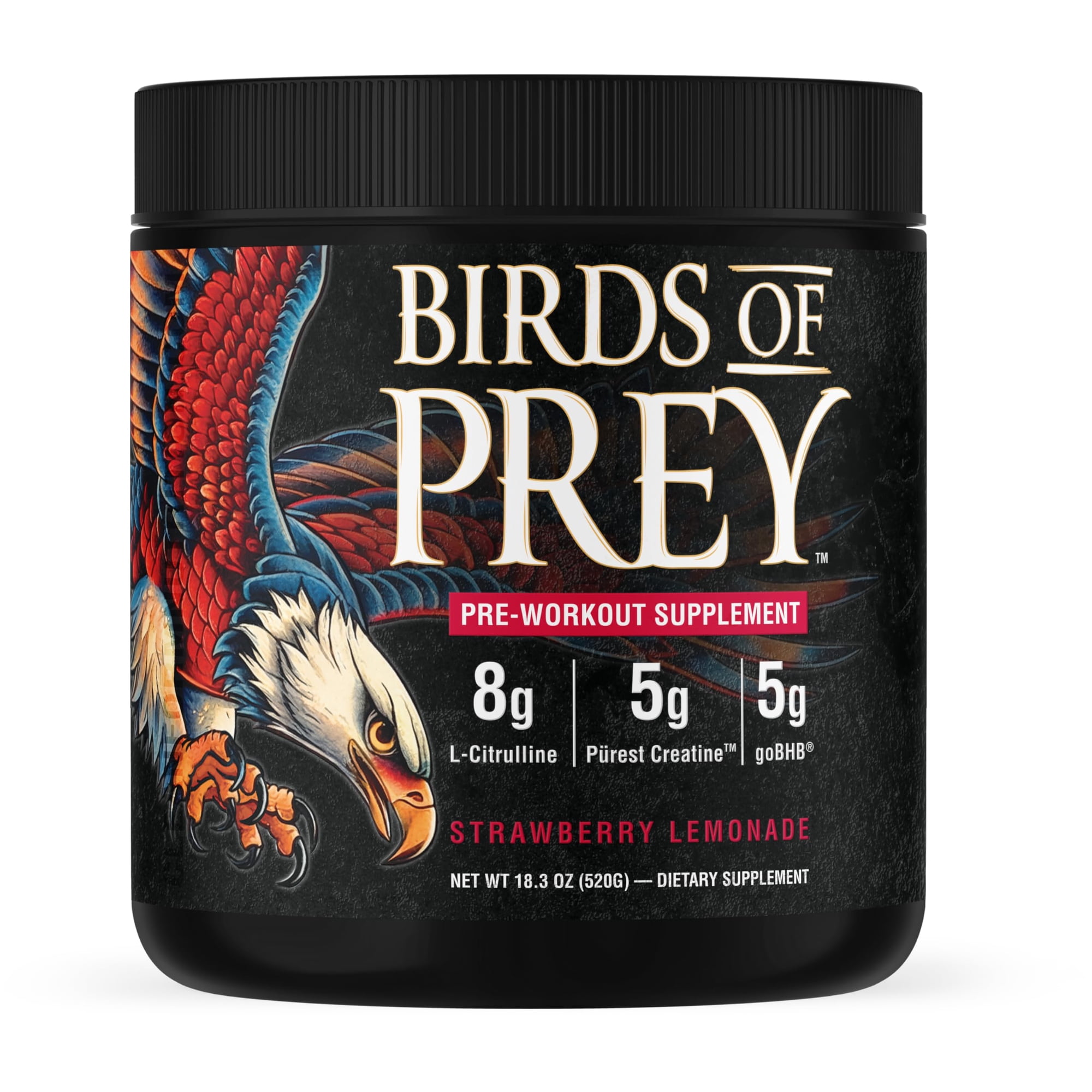 Birds of Prey goBHB® Caffeine-Free Pre-Workout Powder - Smart Energy, Supports Blood Flow, Endurance & Mental Clarity | Natural Performance Support | 20 Servings (Strawberry Lemonade)