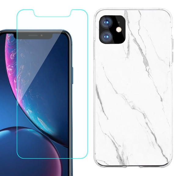 For Apple iPhone 11 Case , Slim-Fit TPU Protective Phone Case with Tempered Glass Screen Protector, by OneToughShield ® - Marble / White