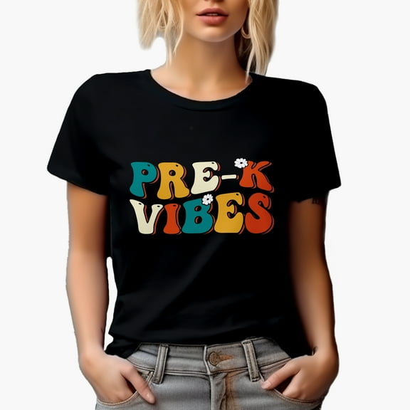 Pre-K Vibes, Prekindergarten School Teacher Themed, Groovy Retro Wavy Text Merch Gift, Black T-Shirt, Small