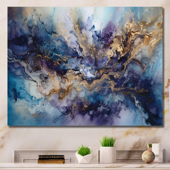 Designart "Gold Purple Captivating Liquid Ink I" Abstract Marble Canvas Print