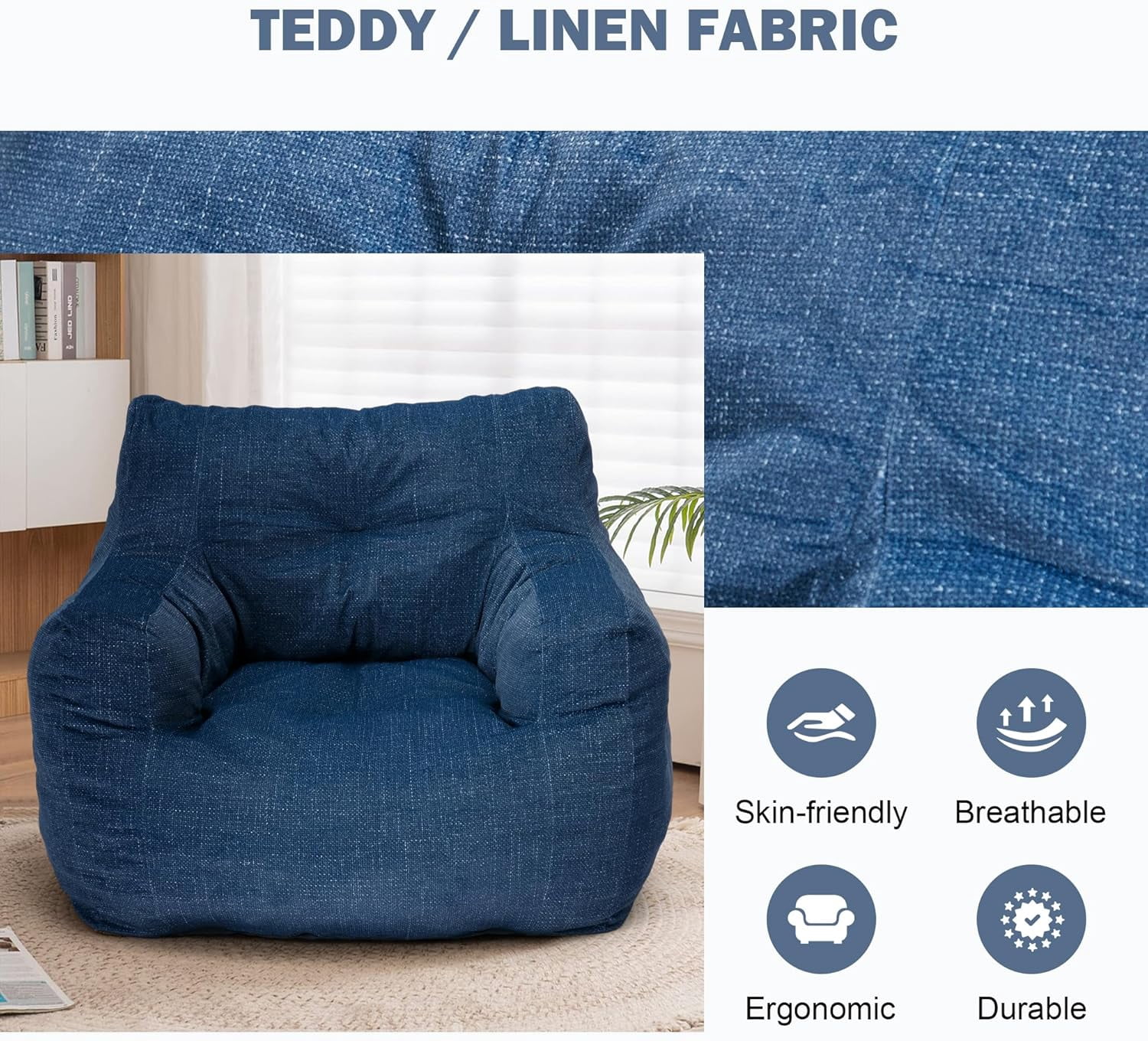 3FT Medium Bean Bag Chair with Filler, Comfy Soft Linen Accent Chair Lounger Sofa Giant Bean Bag Chairs for Adults, Teens, Kids - Gift Choice, Blue