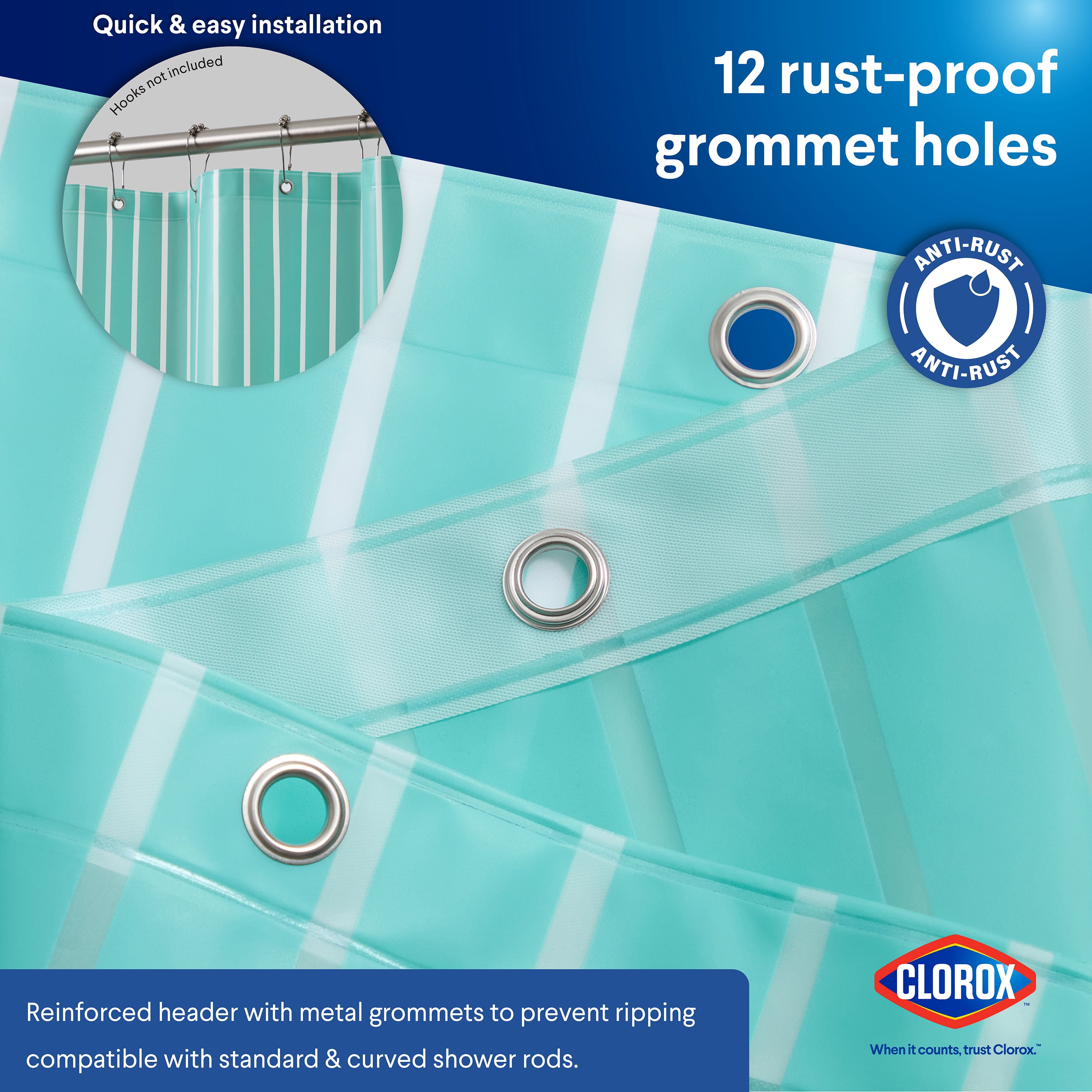 Clorox Shower Curtain Liner, Striped Waterproof 6g PEVA for Bathroom Standard Size 72" x 72", Aqua