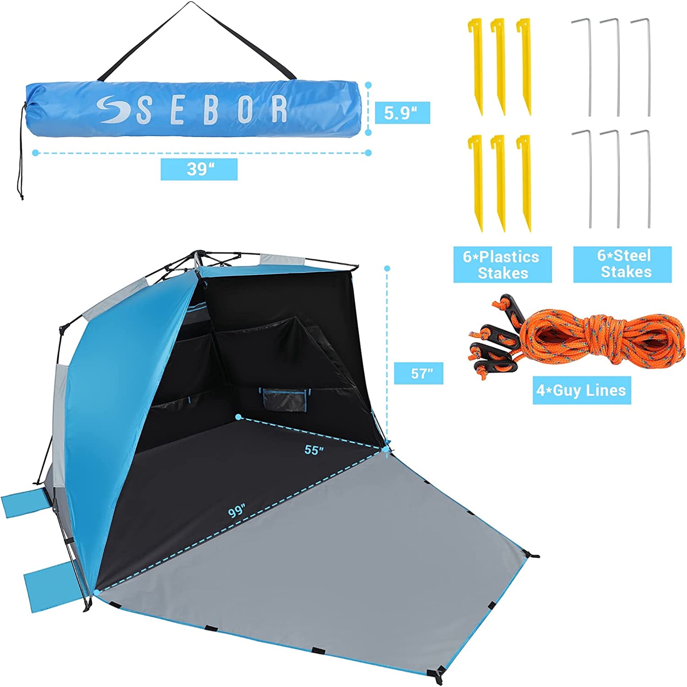 Sebor Beach Tent, Deluxe XL Pop-Up Canopy Cabana Beach Shade Tent for 4-6 Person, UPF 50+ with Dark Shelter Technology, Easy Set Up and Portable