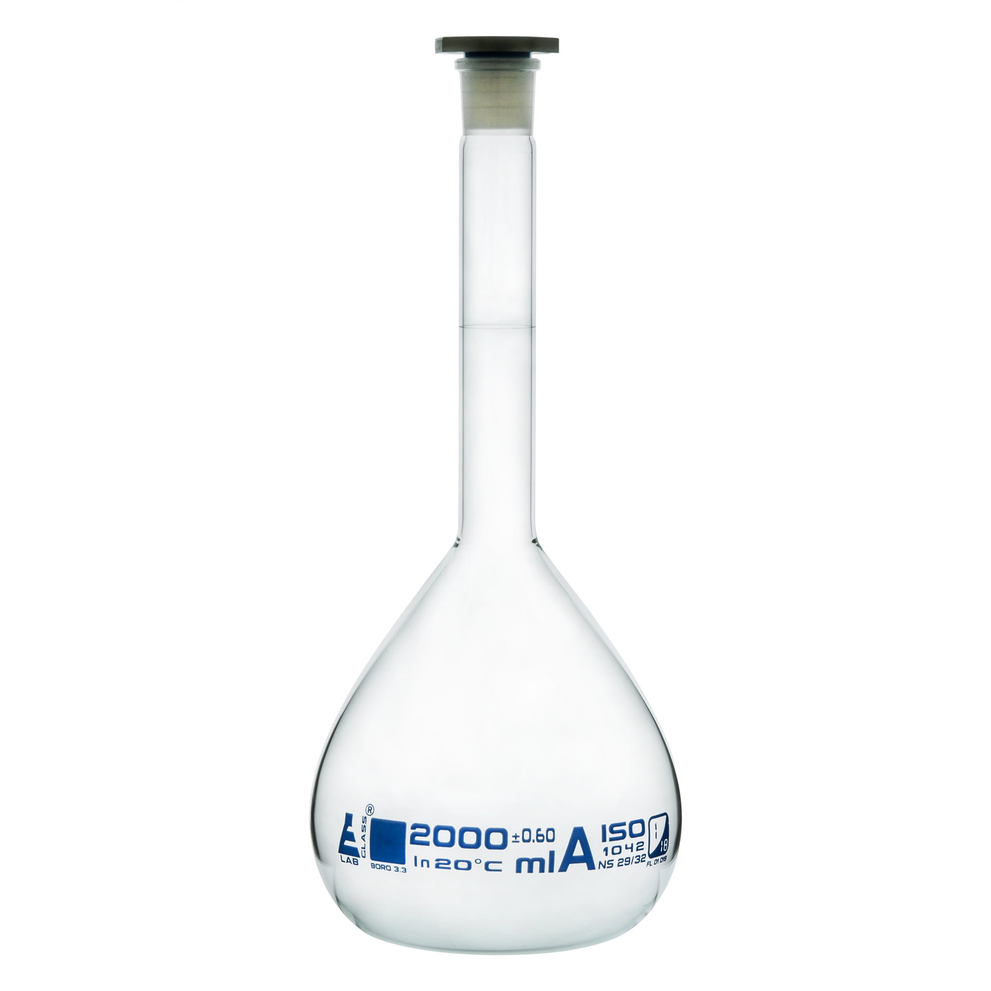 Volumetric Flask 2000ml Class A 2932 Polyethylene Stopper Borosilicate Glass Blue 9897