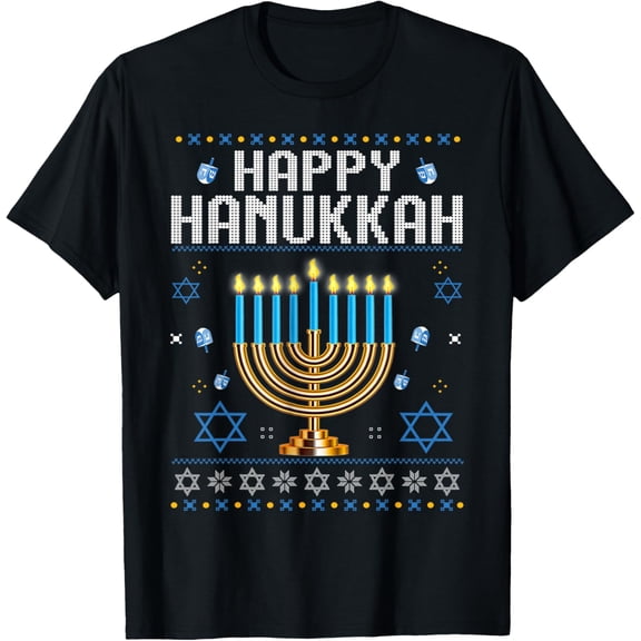 Happy Hanukkah Menorah Dreidel Ugly Chanukah T-Shirt- American fashion hot selling casual retro high quality 100% cotton T-shirt 1 piece