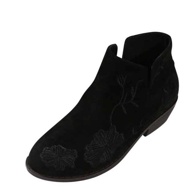 Zapatos Botines mujer Botines de moda de otoño e invierno para mujer suela plana tacón bajo punta redonda gamuza bordada flores cremallera lateral cómodo estilo informal (Black 7.5)