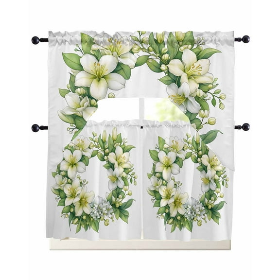 Spring Floral Wreath Kitchen Curtains Sets 36 Inch Length with Valance, Watercolor Botanical Blooms Swag Valances and Tiers Curtain Set Drapes Swag Curtains for Living Room, Bathroom, Bedroom, Cafe