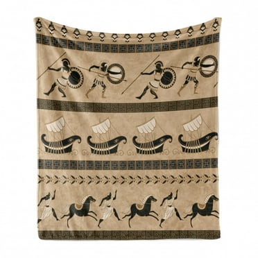 Odyssey Soft Flannel Fleece Throw Blanket, Antique Greek Pattern Horses Royals and Men with Myth Themed Sailboats, Cozy Plush for Indoor and Outdoor Use, 50" x 60", Ecru and Multicolor, by Ambesonne