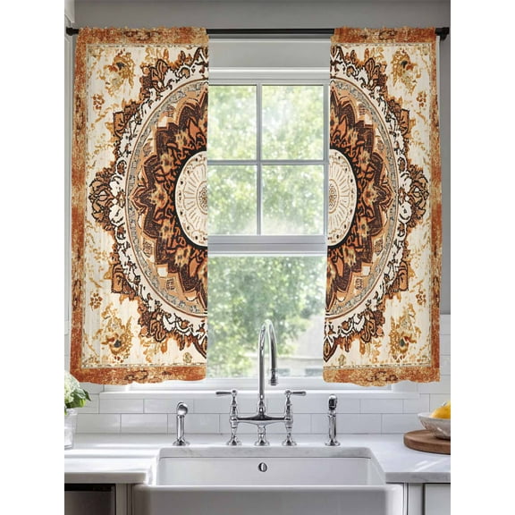 Boho Leaf Sheer Curtains for Living Room Bedroom Orange Rustic Tribal Patterns Ethnic Bohemian Sheer Curtains 63 Inch Long 2 Panels Set Light Filtering Curtain Window Treatments Drapes