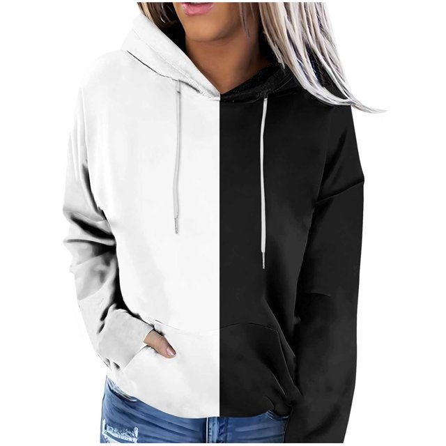 KIHOUT Chandails à Capuche Mode pour Femmes Manches Longues Imprimé en Blocs de Couleur Chandail Ample à Cordon de Serrage Automne Hiver avec Poche, Taille p-3TG