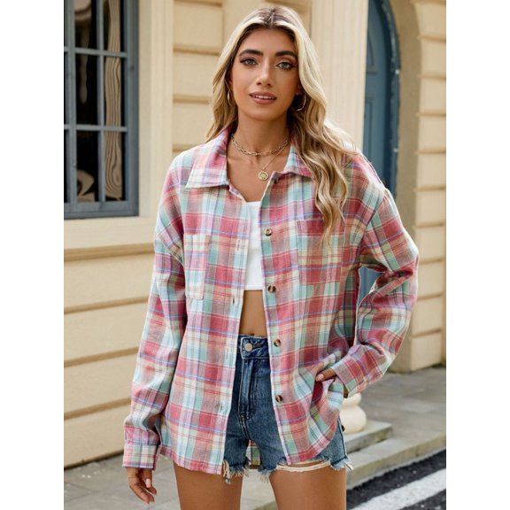 Plaid Collared Neck Long Sleeve Shirt