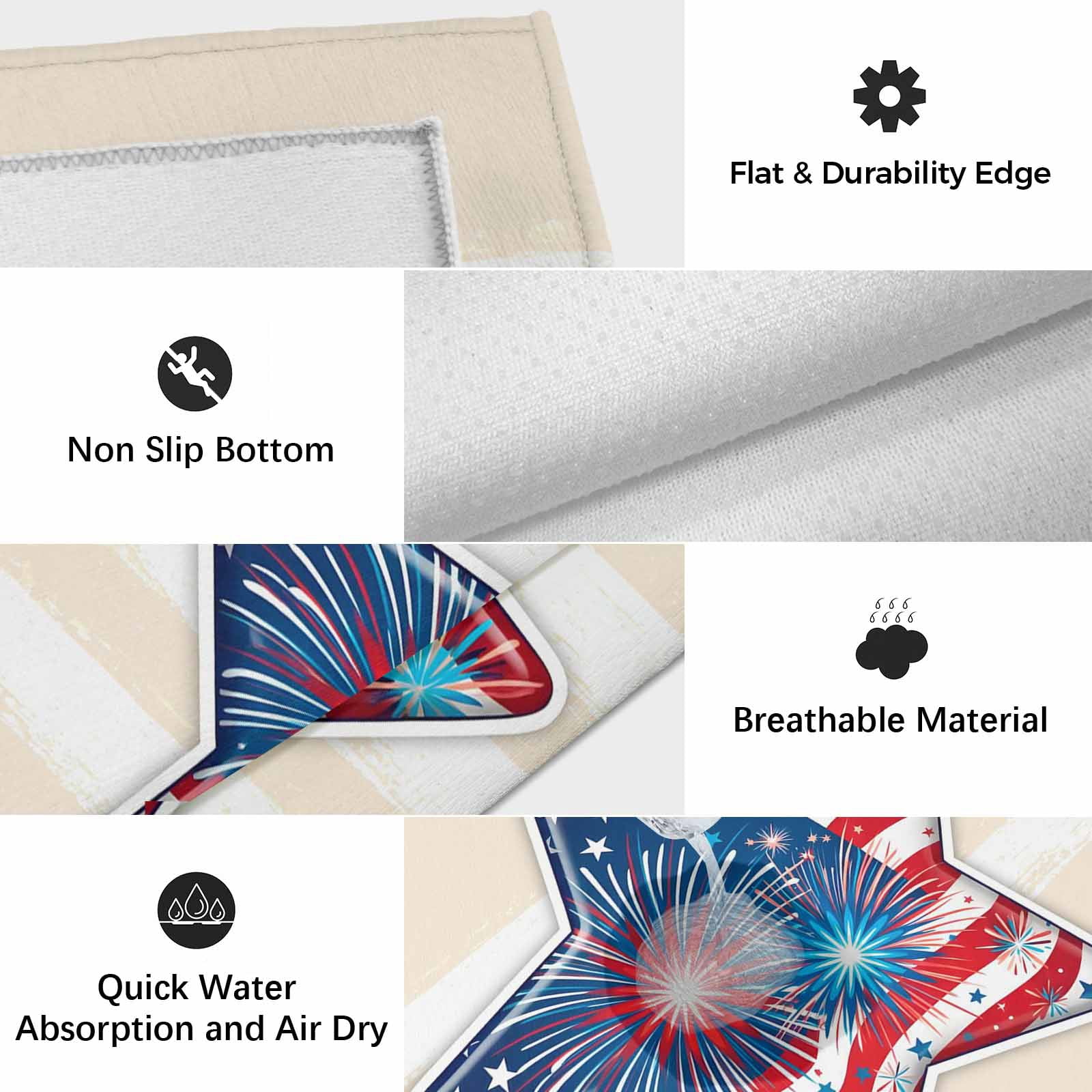 Patriotic USA Flag Outdoor Rug 3x5 Ft, Non Slip Washable Area Rug, Independence Day Firework Cream Striped Patio Rugs Carpet Runner, Large Floor Mat for Indoor/Outdoor Deck Porch Camping