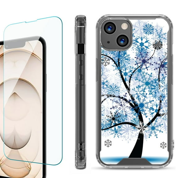 Shockproof Bumper Phone Case for iPhone 13, with Tempered Glass Screen Protector, by OneToughShield ® - Snowflakes Tree