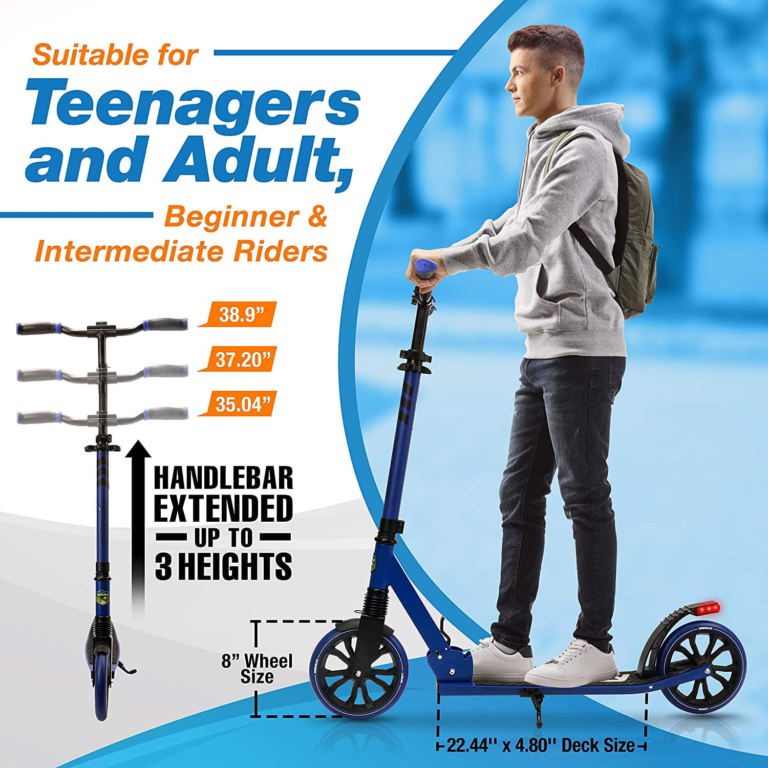 Serene Life Lightweight and Foldable Kick Scooter - Adjustable Scooter for Teens and Adult (Blue)