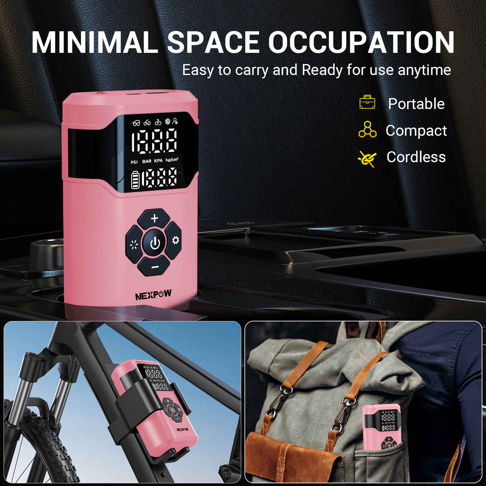 NEXPOW Tire Inflator Portable Air Compressor, 150 PSI Air Compressor for Car Tires with Dual-Screen Display, 3X Fast Inflation Portable Bike Pump for Car, Motorcycle, Bike, Ball, Pink