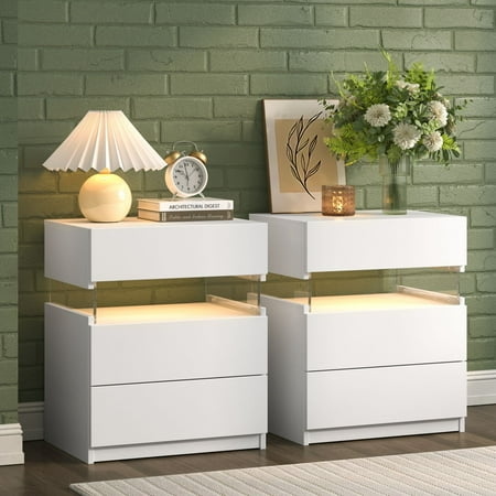 Cubehom 2 Set of Nightstands LED Night Stand Modern Nightstand with 3 Drawers LED Bedside Tables for Bedroom, Living Room