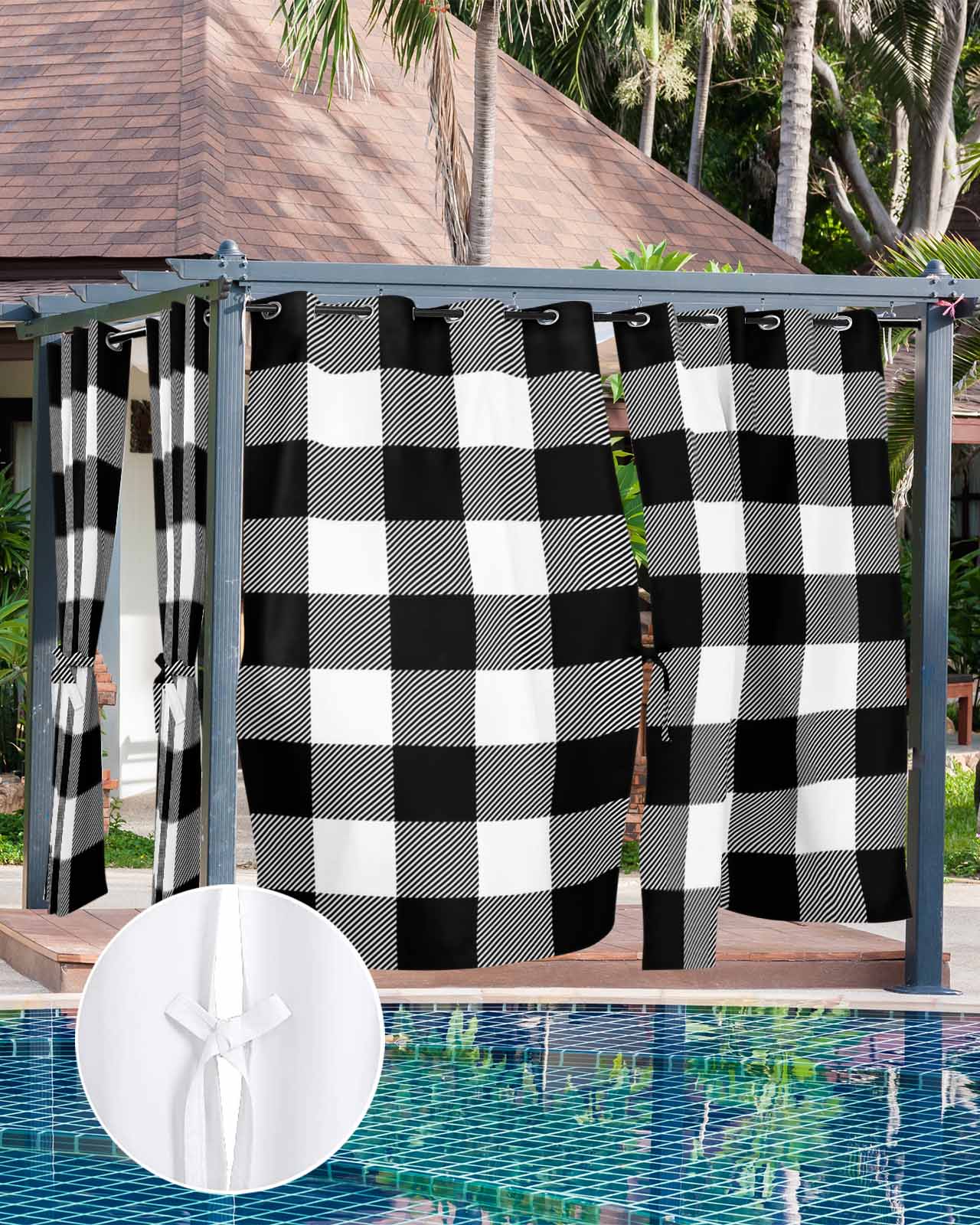 Black White Plaid Outdoor Curtains for Patio, Farmhouse Modern Abstract Art Buffalo Privacy Drapes Grommet Waterproof Outside Curtains for Porch/Cabana/Balcony 54"x 95", 2 Panel