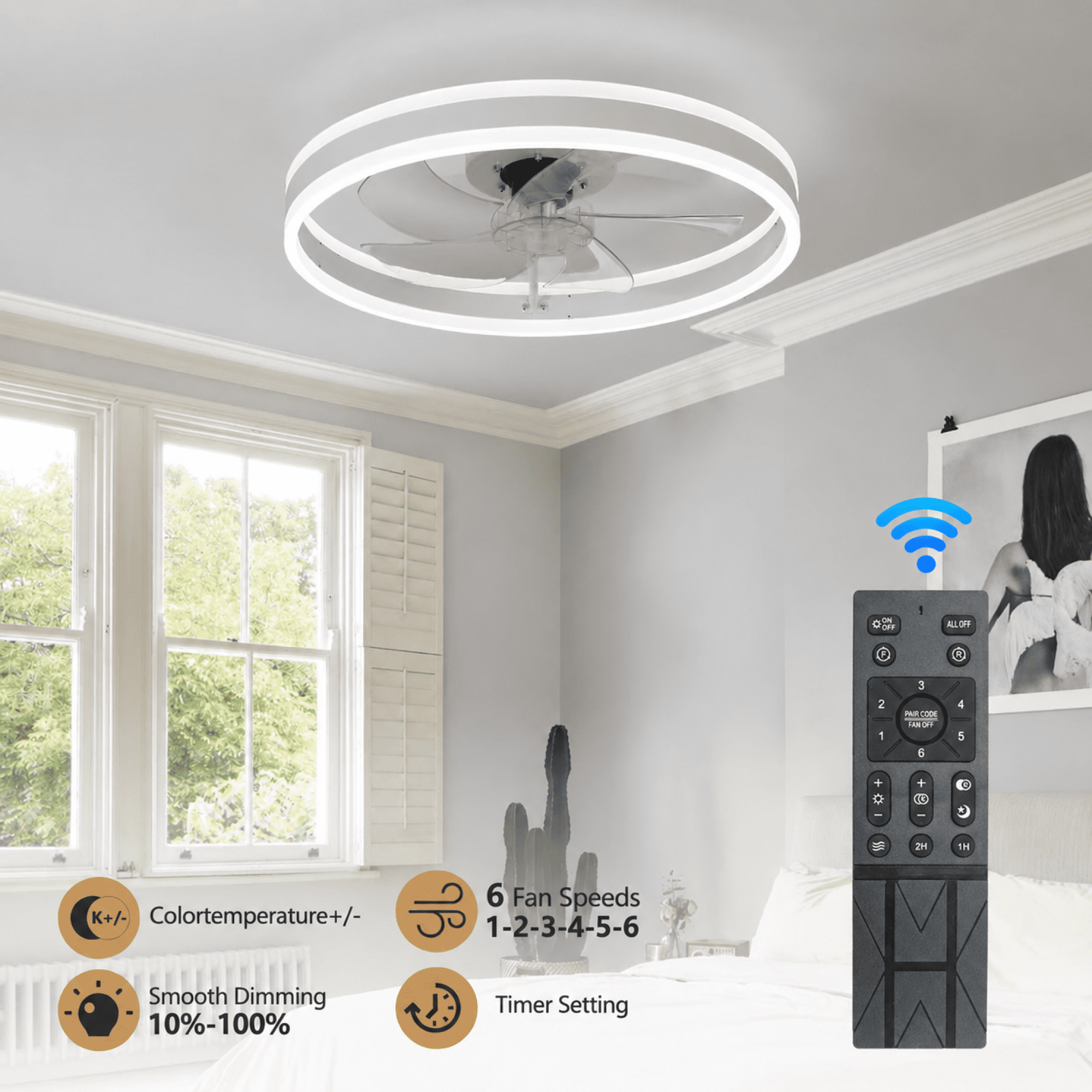 Leumius 20" Flush Mount Ceiling Fans with Lights and Remote, 3000K-6000K Dimmable LED Fandelier Low Profile Chandelier Ceiling Fan for Bedroom Living Room, White
