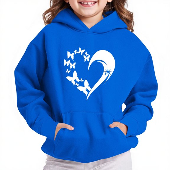 Thetops Big Girls 9T Hoodie - Blue, Heart Butterfly Print, Kangaroo Pocket, 100% Polyester, Machine Washable & Durable