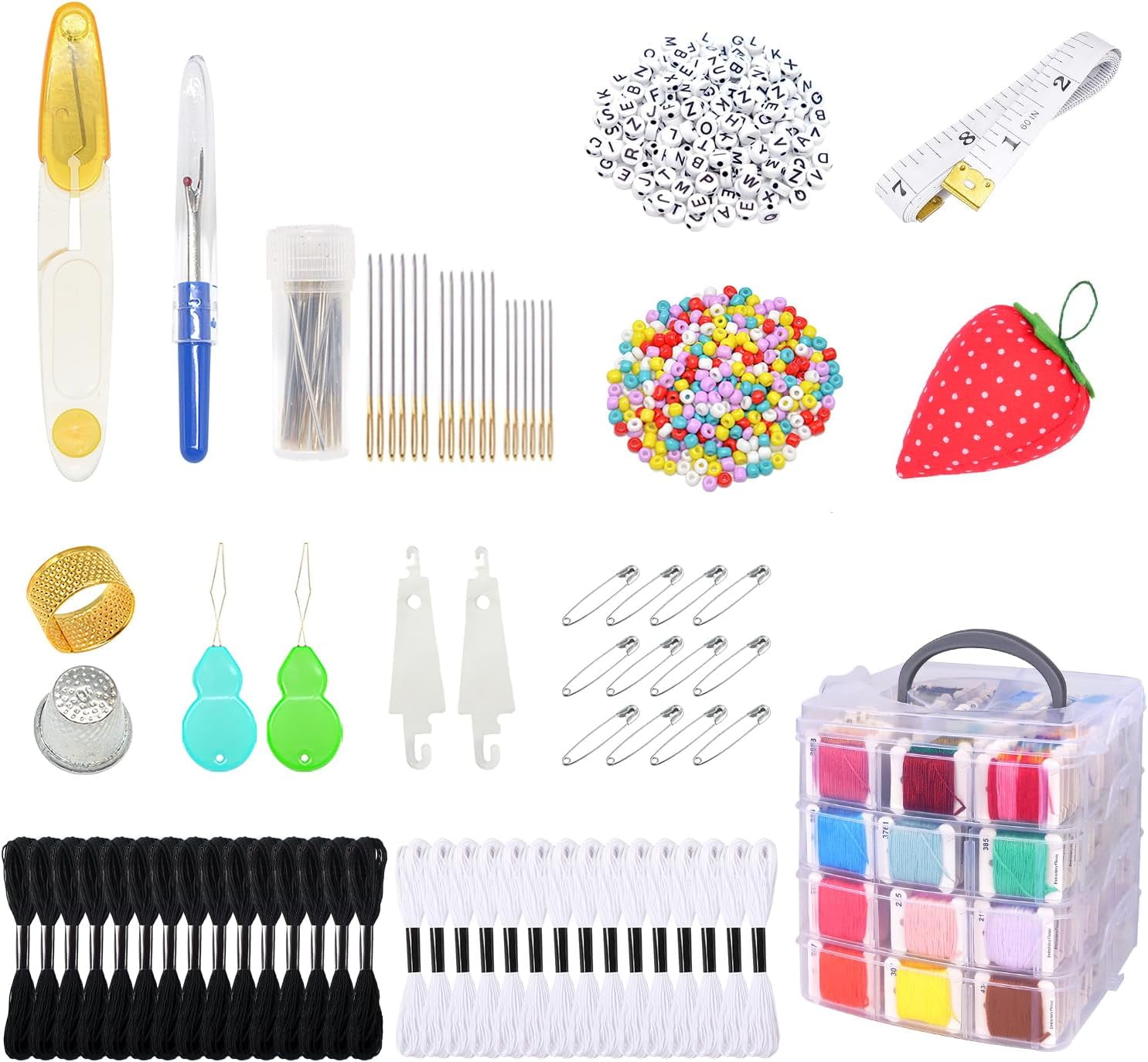 Embroidery Floss Thread Kit Including Colors and Skeins White & Black Embroidery Thread Cross Stitch Sewing Thread with Cross Stitch Tool and Transparent Box