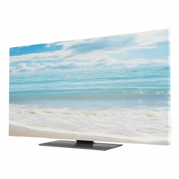 Indoor TV Cover 75 Inch, Blue Ocean Elastic Monitor Dust Covers for Television, Desktop Computer Coastal Sea Beach Shore Sky Waves Scenery Dustproof Fitted TV Cover for Inside 65.4"L x 36.8"H