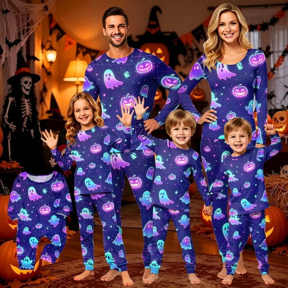 Halloween Family Matching Pajamas Sets, Halloween Family Spooky Loungewear Indoor, Pumpkin Ghost Holiday PJS Sleepwear, Seasonal Halloween Party Family for Home Relaxing Casual Daily Wear
