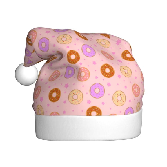 Fuzoiu Donuts Print Santa Hat Christmas Hat for Adults,Santa Hats with Pompom, Unisex Xmas Holiday Hat for Christmas New Year Festive Party Supplies